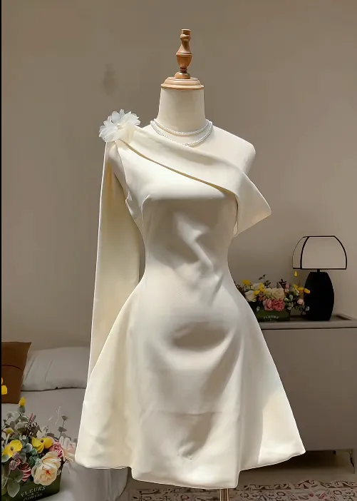 Fairy One-Shoulder Sheath Short Prom Dress Satin White Birthday Dress Sleeveless Homecoming Dresses HZ1121