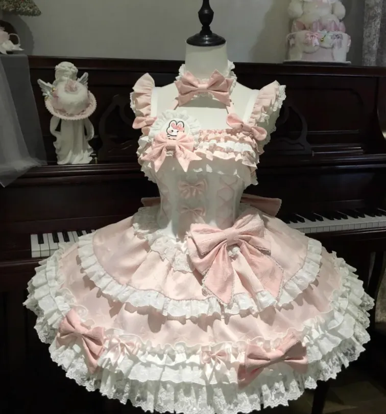 Cute Strap Ball Gown Pink Sleeveless Short Birthday Dress Lace Sweet Lolita Dress HZ1121