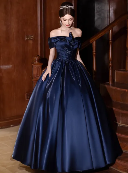 Elegant Cap Sleeve A-Line Prom Dress Satin Navy Blue Evening Gown HZ1121