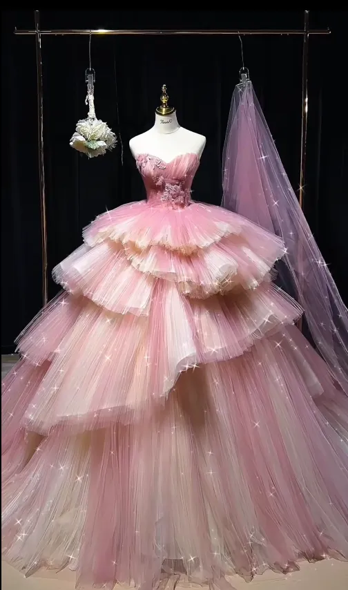 Fairy Ball Gown Pink Long Prom Dresses Strapless Tulle Sleeveless Pink Quinceanera Dresses Sweet 16 Dress HZ1121