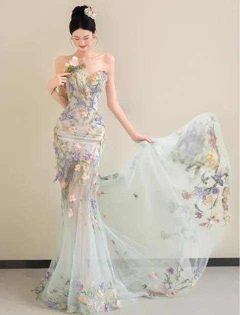 Fairy Mermaid Soft Green Long Prom Dresses Sweetheart Neck Tulle Applique Light Green Birthday Dresses HZ1121