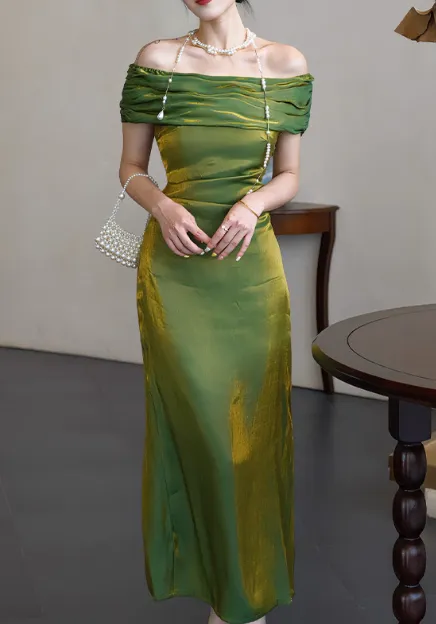 Elegant Sheath Green Long Prom Dresses Off Shoulder Satin Green Wedding Guest Dresses HZ1121
