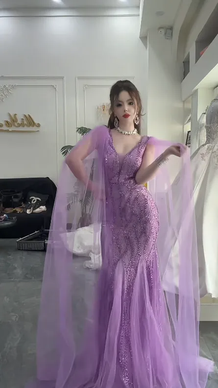 Elegant Mermaid Purple Long Prom Dresses Tulle Purple Wedding Guest Dresses HZ1121