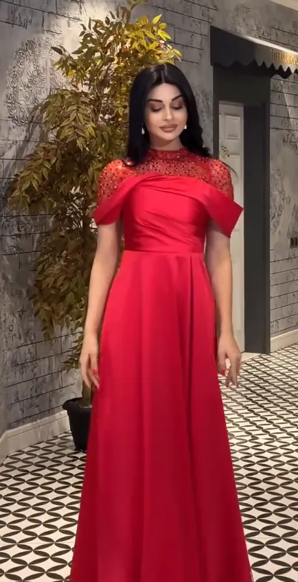 Chic Turtleneck A-Line Red Long Prom Dresses Short Sleeve Formal Dresses Beaded Satin Red Evening Dresses HZ1121