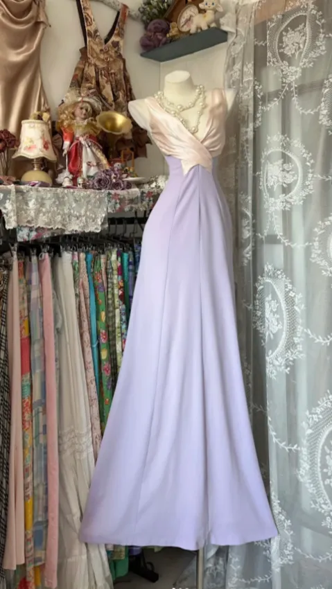 Chic V-neck Sheath Lilac Long Prom Dresses Sleeveless Chiffon Lilac Evening Dresses HZ1121