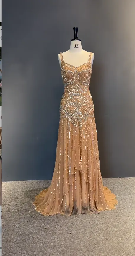 Chic Spaghetti Strap Sheath Light Orange Long Prom Dresses Sleeveless Beaded Tulle Light Orange Evening Dresses HZ1121