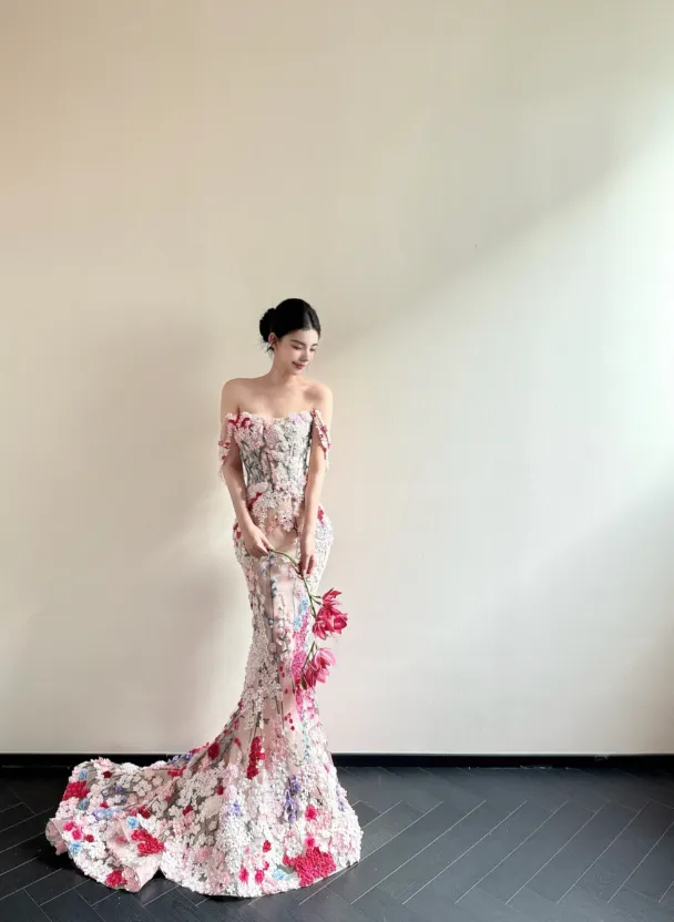 Fairy Off-the-Shoulder Mermaid Long Prom Dresses Sleeveless Tulle 3D Applique Evening Dresses HZ1121