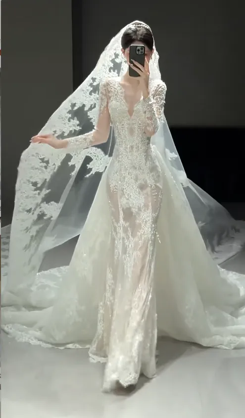 Modest V-neck Sheath Train Long Wedding Dresses Long Sleeve Lace Applique Bridal Dresses White Bridal Gowns HZ1121