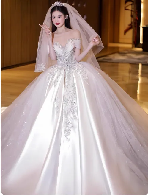 Luxury Off-the-shoulder Ball Gown Long Wedding Dresses Satin Applique Short Sleeve Bridal Dresses White Bridal Gowns HZ1121