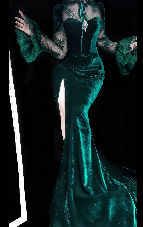 Sexy V-neck Mermaid Dark Green Long Prom Dresses Long Sleeve Velvet Dark Green Evening Dresses HZ1121
