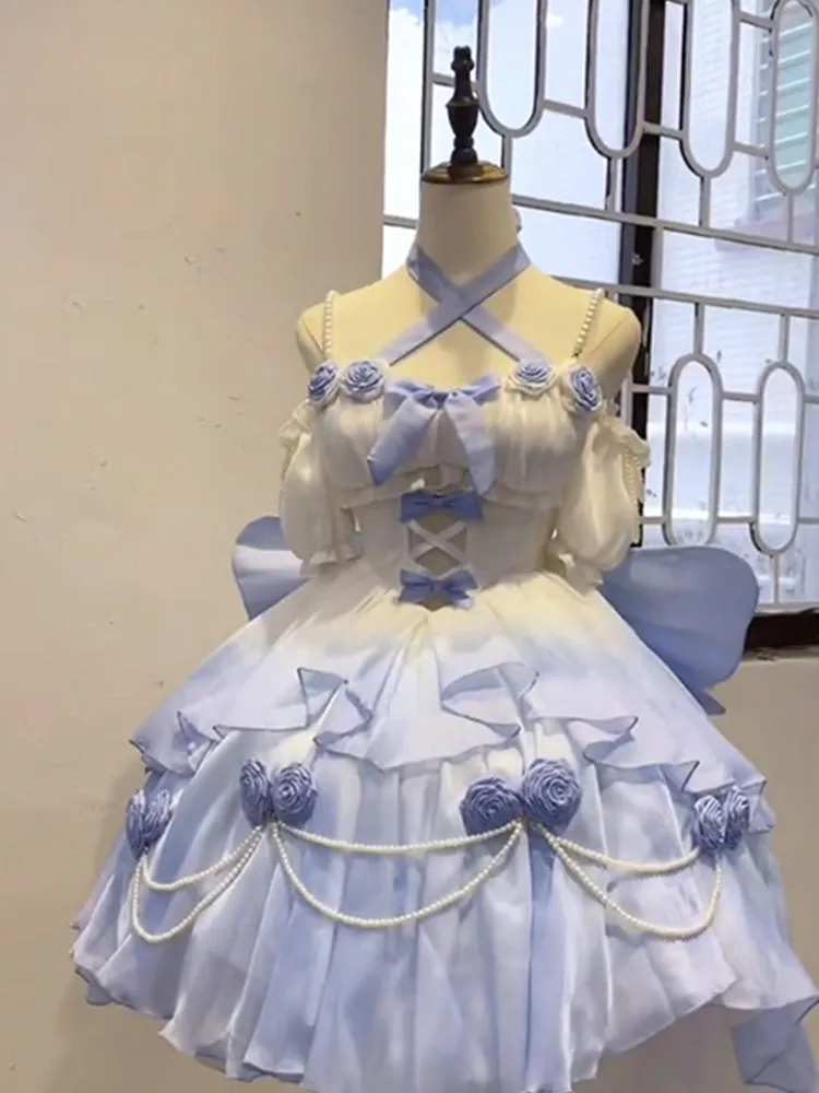 Vintage Ball Gown Off The Shoulder Ombre Blue Chiffon 22th Birthday Dresses Lolita Dress Cute Lolita Outfits HZ1121