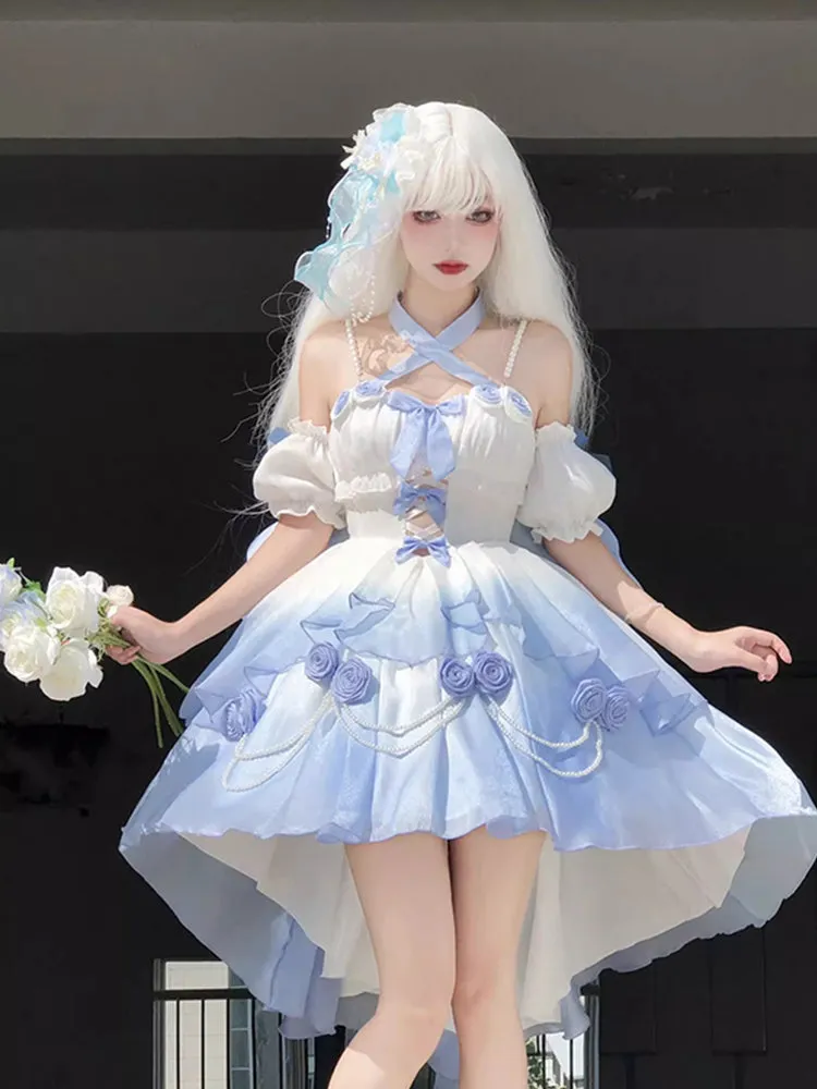 Vintage Ball Gown Off The Shoulder Ombre Blue Chiffon 22th Birthday Dress Lolita Dress Cute Lolita Outfits HZ1121