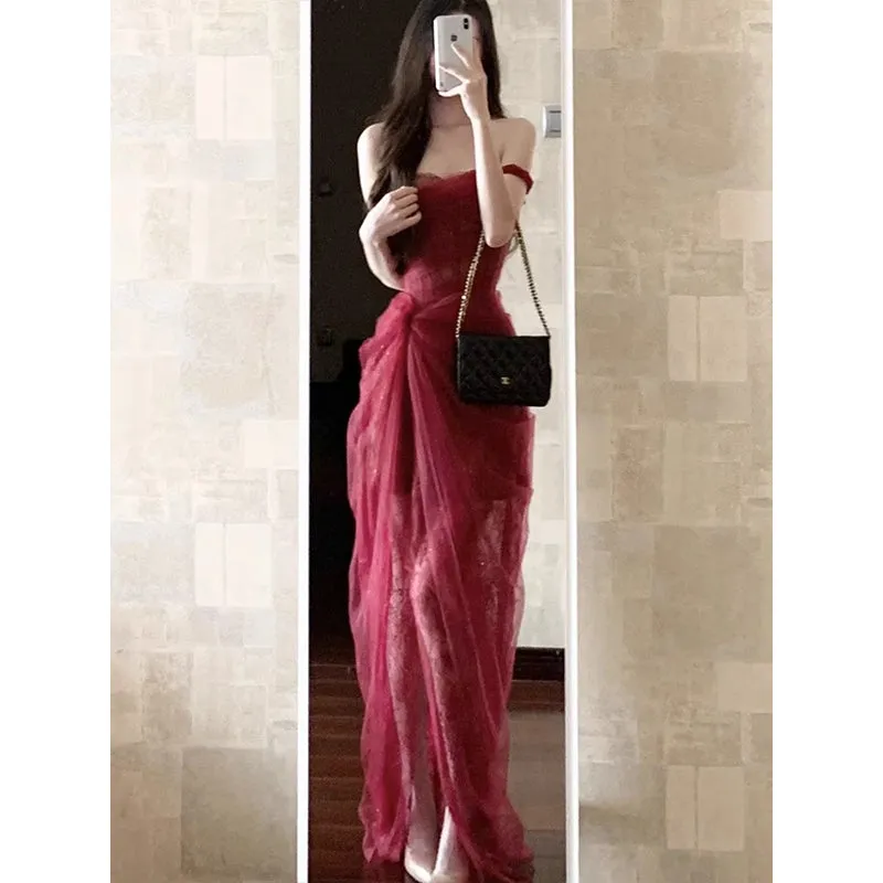 Vintage Sheath Off The Shoulder Lace Burgundy 22th Birthday Dress Party Dress Cute Evening Outfits HZ1121