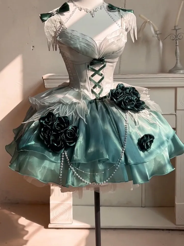 Vintage Ball Gown Spaghetti Straps Chiffon Green Summer 18th Birthday Dress Green Short Lolita Dress 18th Birthday Outfits HZ1121