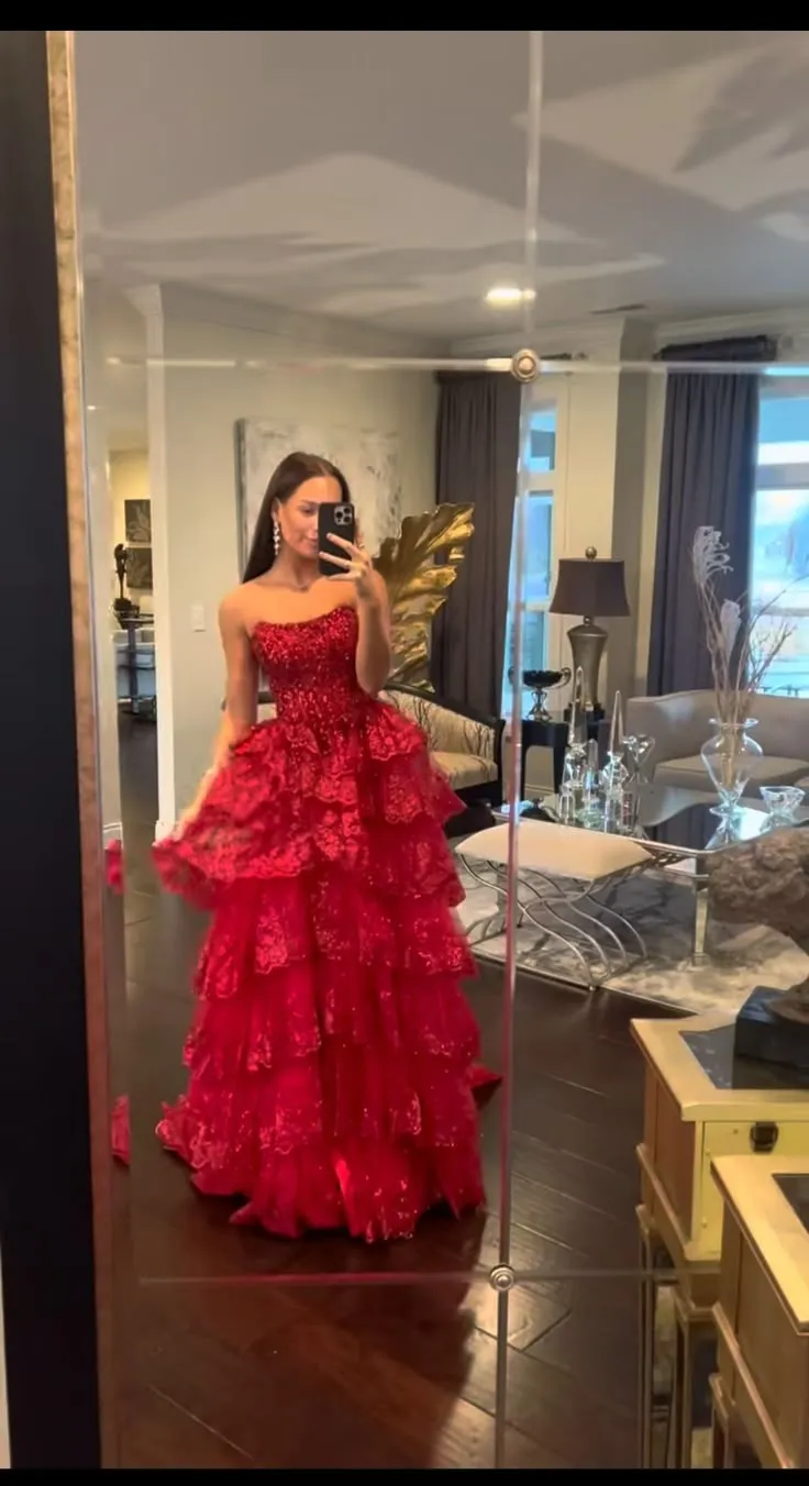 Elegant Ball Gown Strapless Red Lace Tulle Long Prom Dresses Party Dress 22th Birthday Outfits Graduation Dresses HZ1121