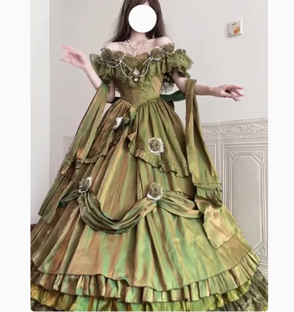 Vintage Ball Gown Off The Shoulder Green 21st Birthday Dress Lolita Dress Long Birthday Outfits HZ1121