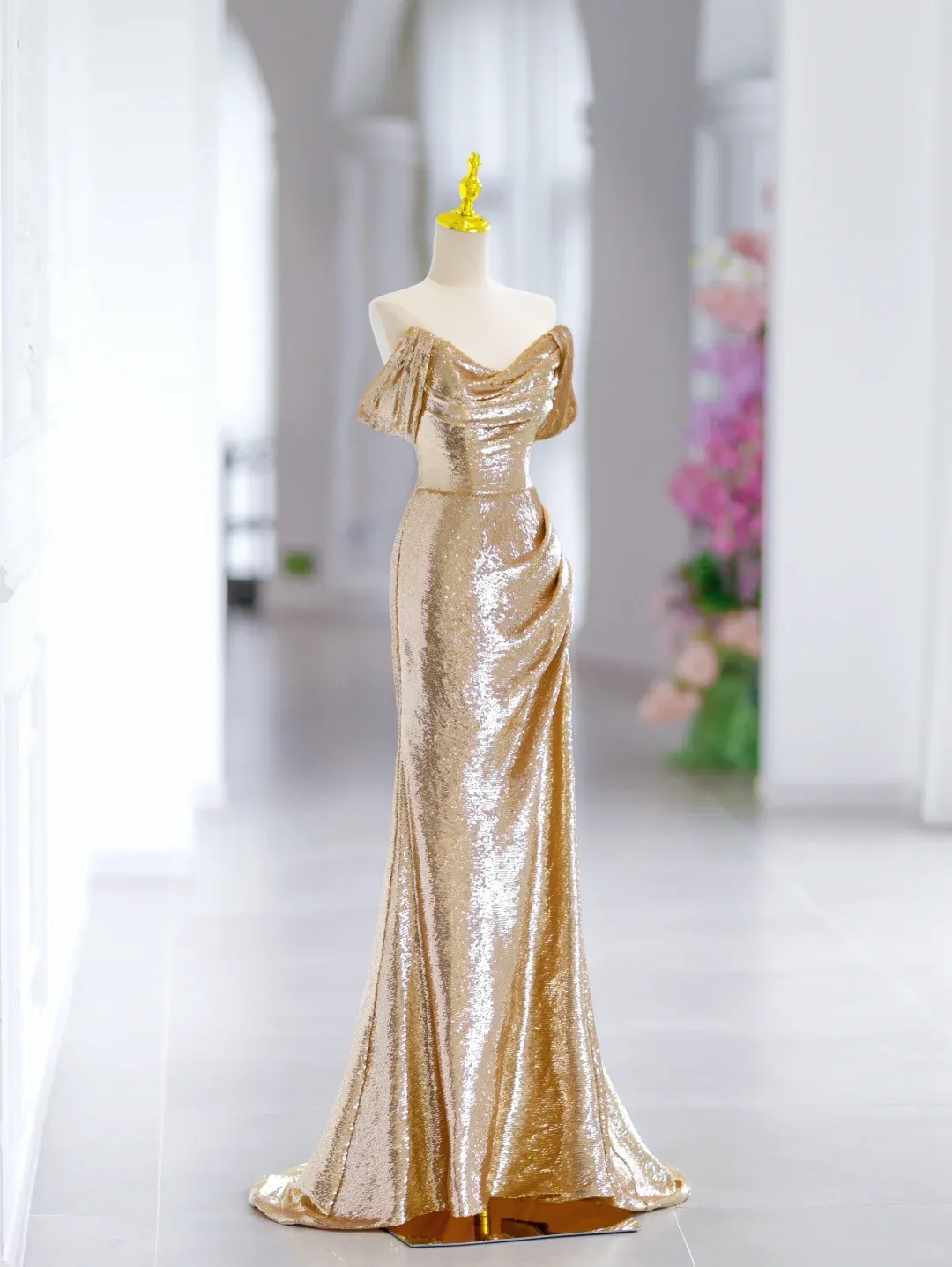 Modest Mermaid Off The Shoulder Gold Sequin Long Evening Party Gowns Evening Dress Special Formal Dresses Prom Dress HZ1121